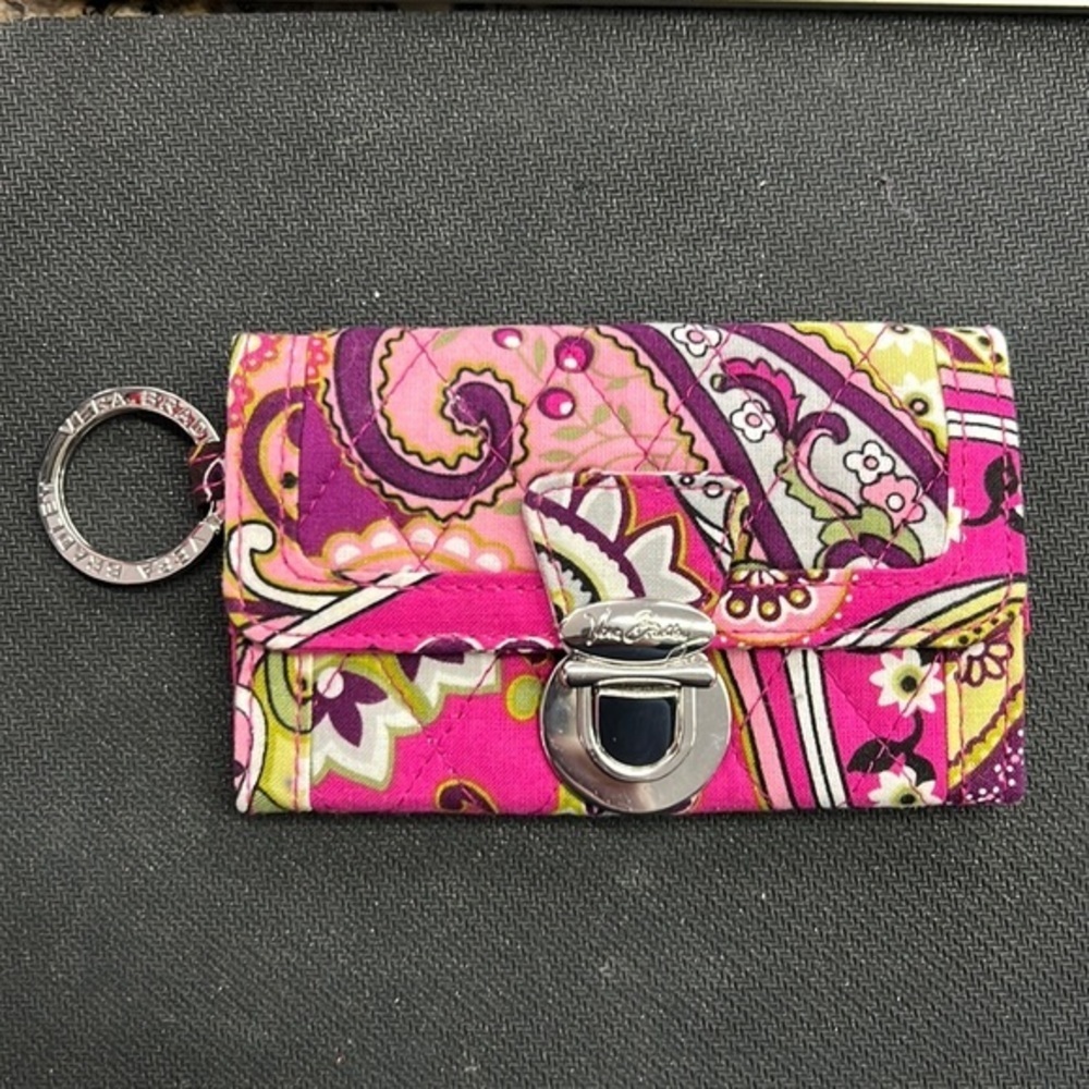 Vera Bradley Pink Doodle Daisy Quick Swipe ID Case Wallet Key Ring